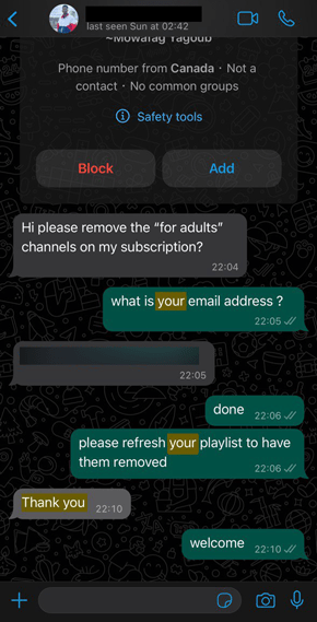 WhatsApp customer review about IPTV stability